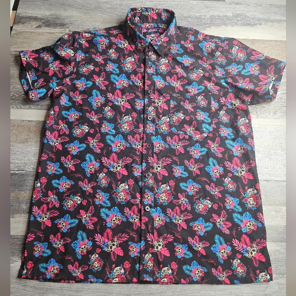 Retro Rifle Men's Large Short Sleeve Button Down Skulls Day Of The Dead